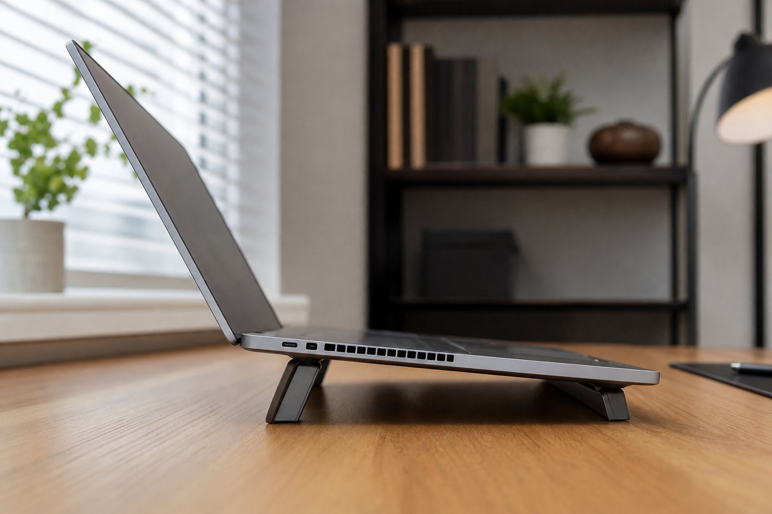 Laptop raised on a stand with clear space around its side vents