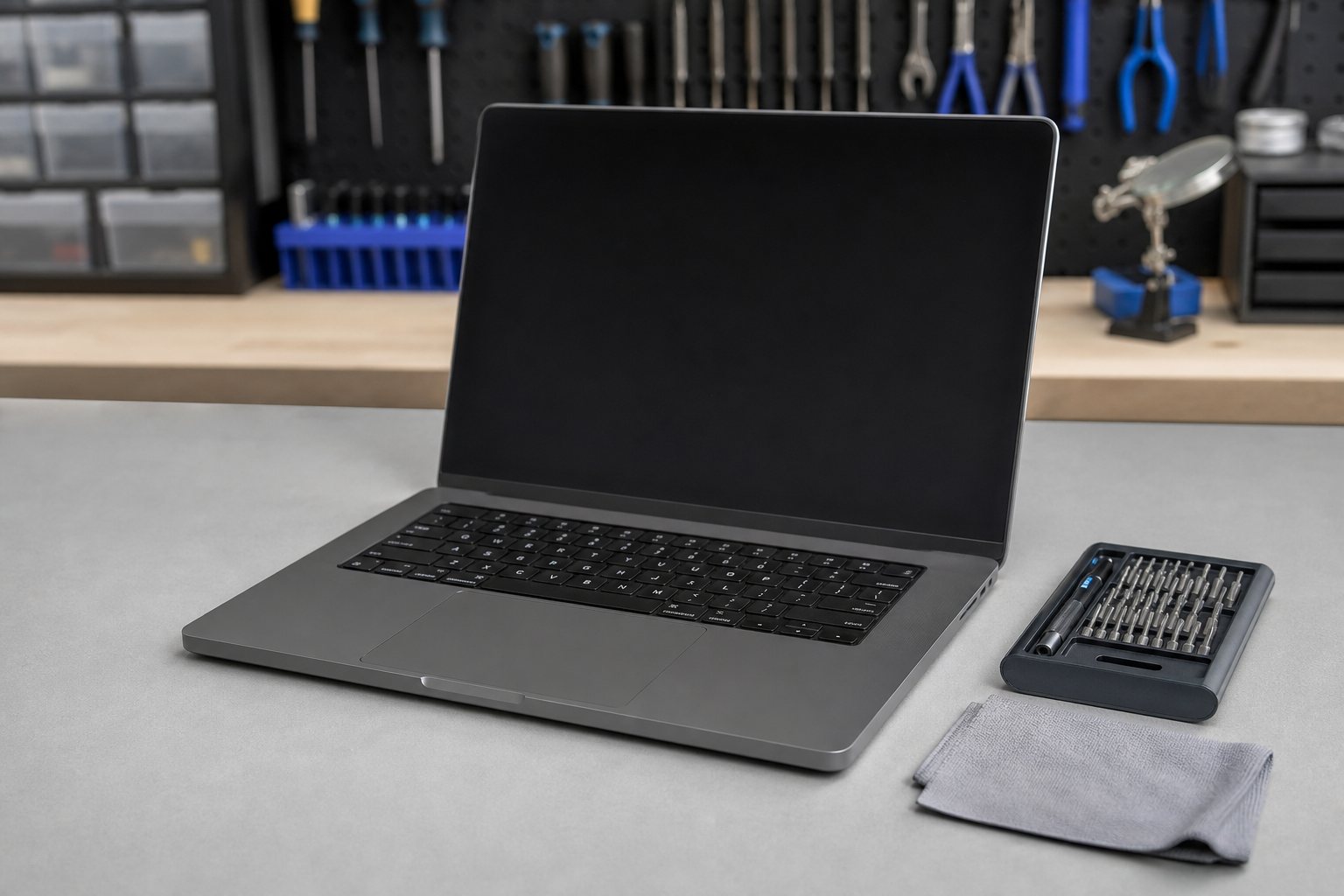 Laptop on a clean repair workbench beside precision tools and a microfiber cloth