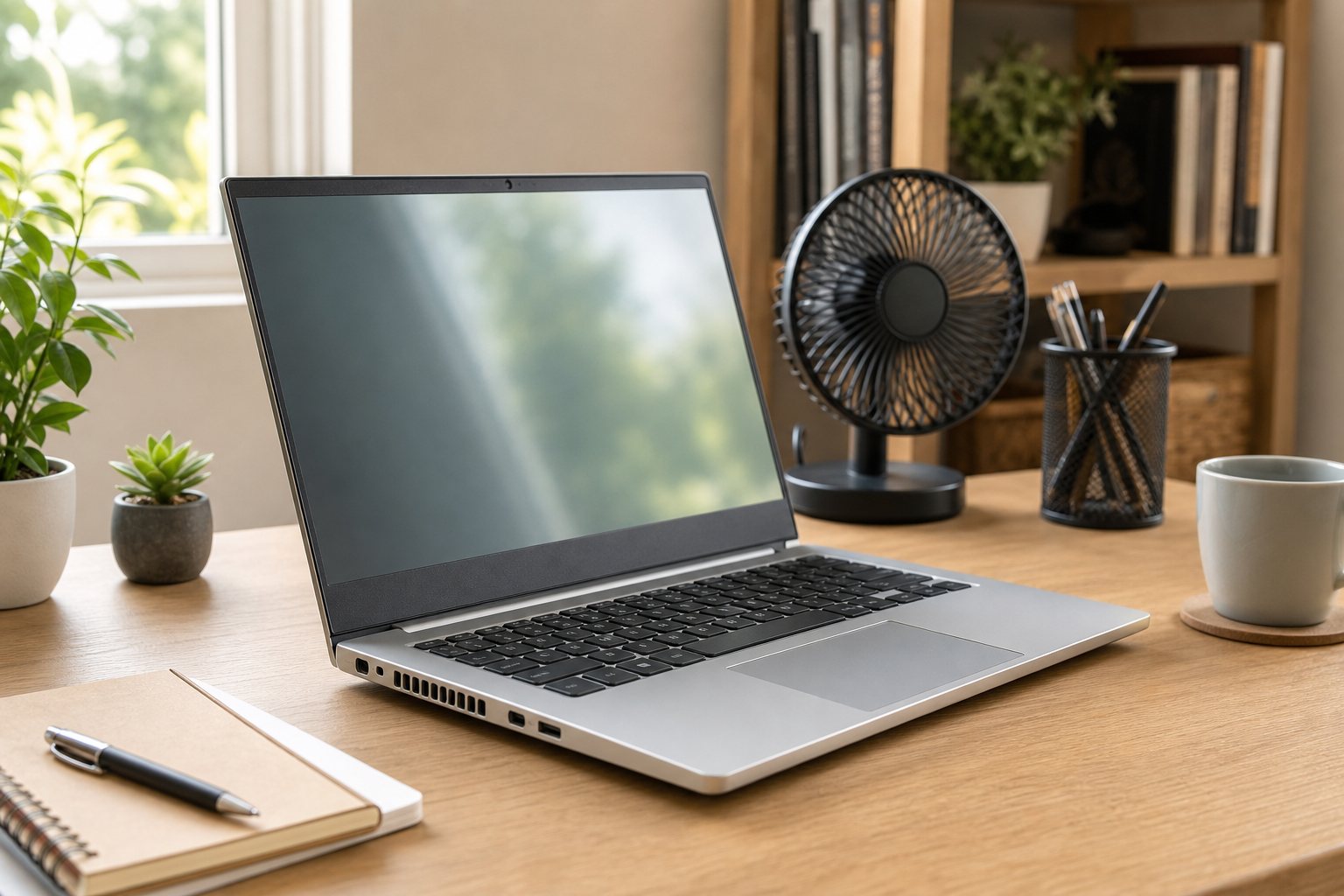 Laptop beside a desk fan on a home office desk