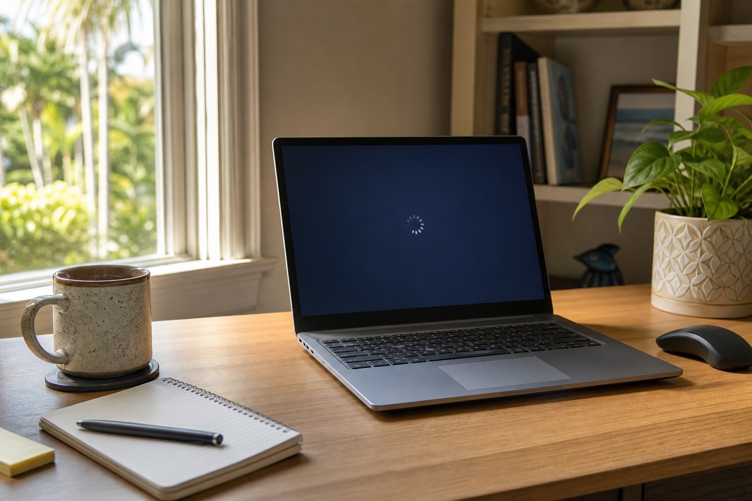 Laptop with a loading screen on a home office desk