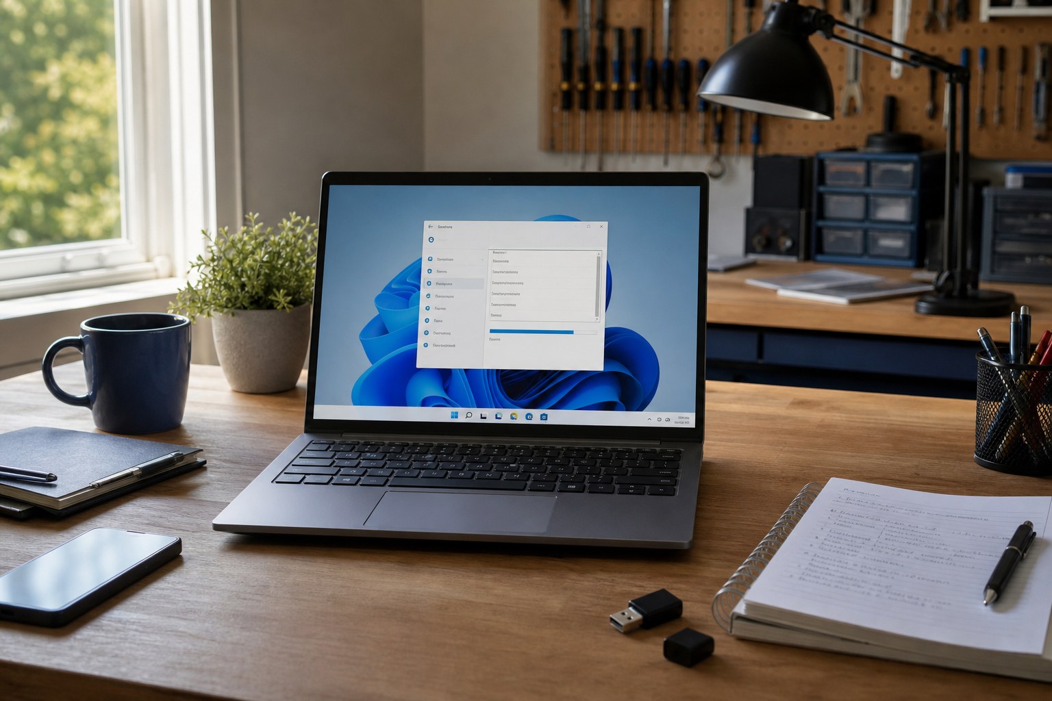 Laptop on a workbench with a diagnostic screen, notes, and a USB device