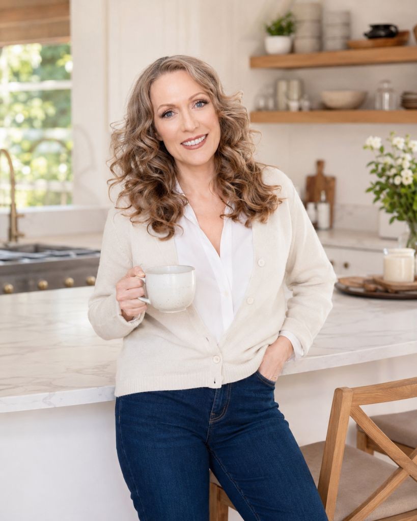 Holly Toscanini holding a coffee mug in a warm kitchen