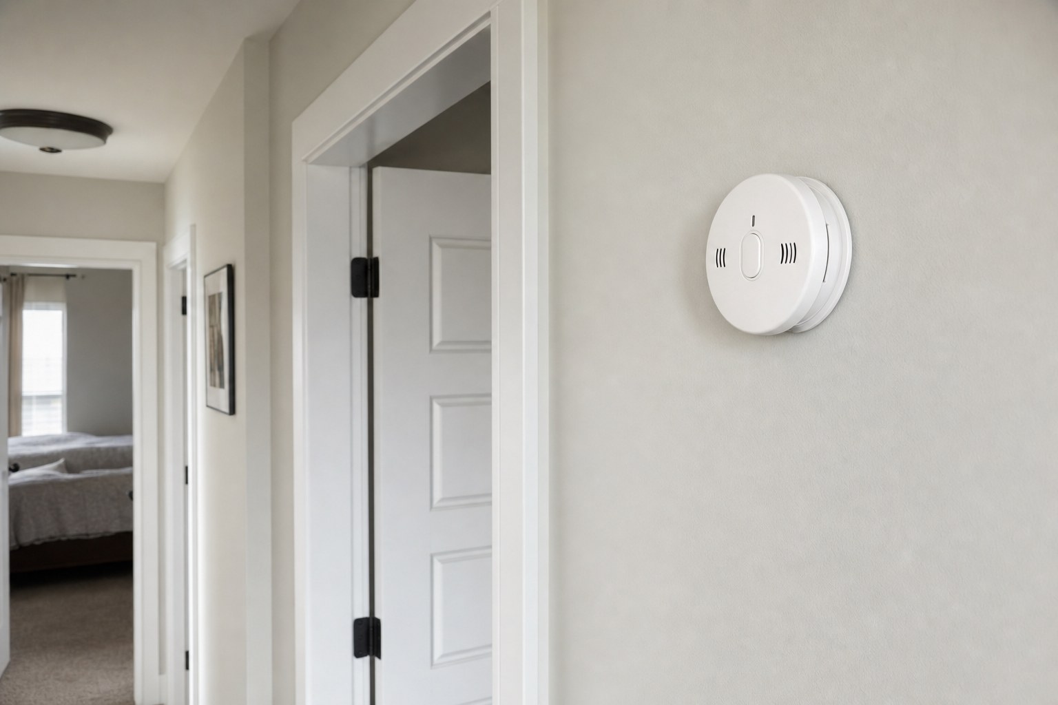 Carbon monoxide alarm mounted in a hallway outside a bedroom