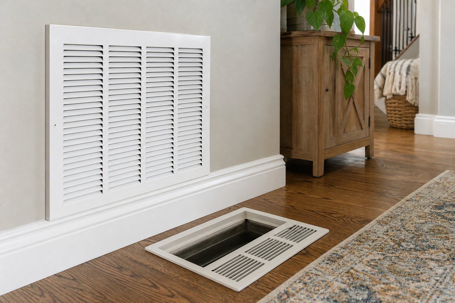 Clear return grille and open floor register in a home