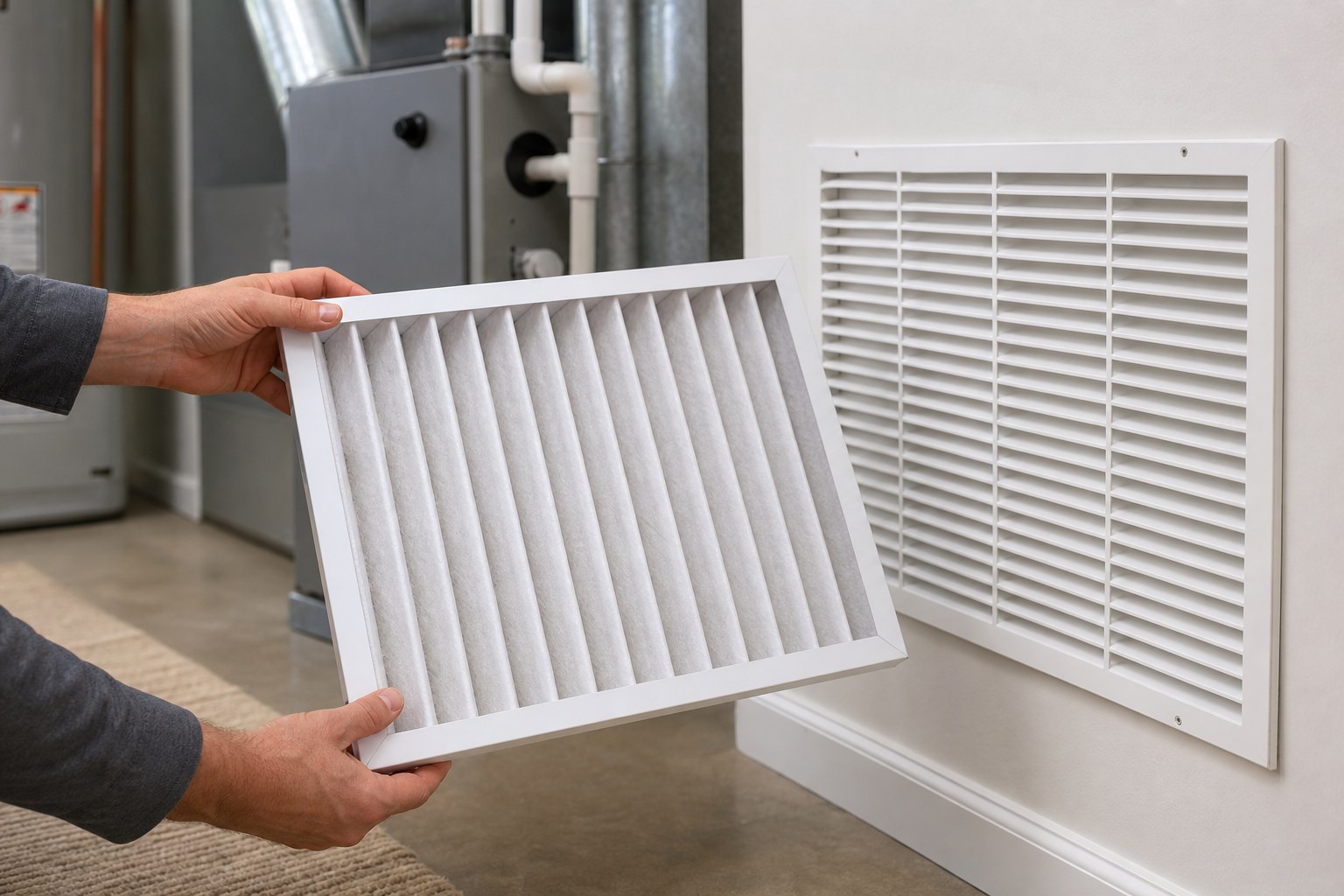 Clean furnace filter held beside an accessible return grille