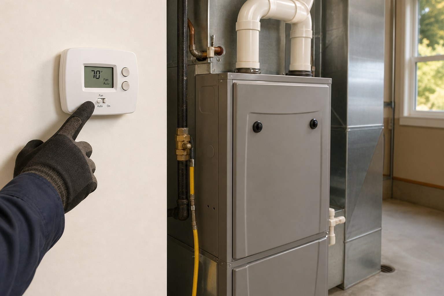 Thermostat set to automatic fan mode beside a residential furnace