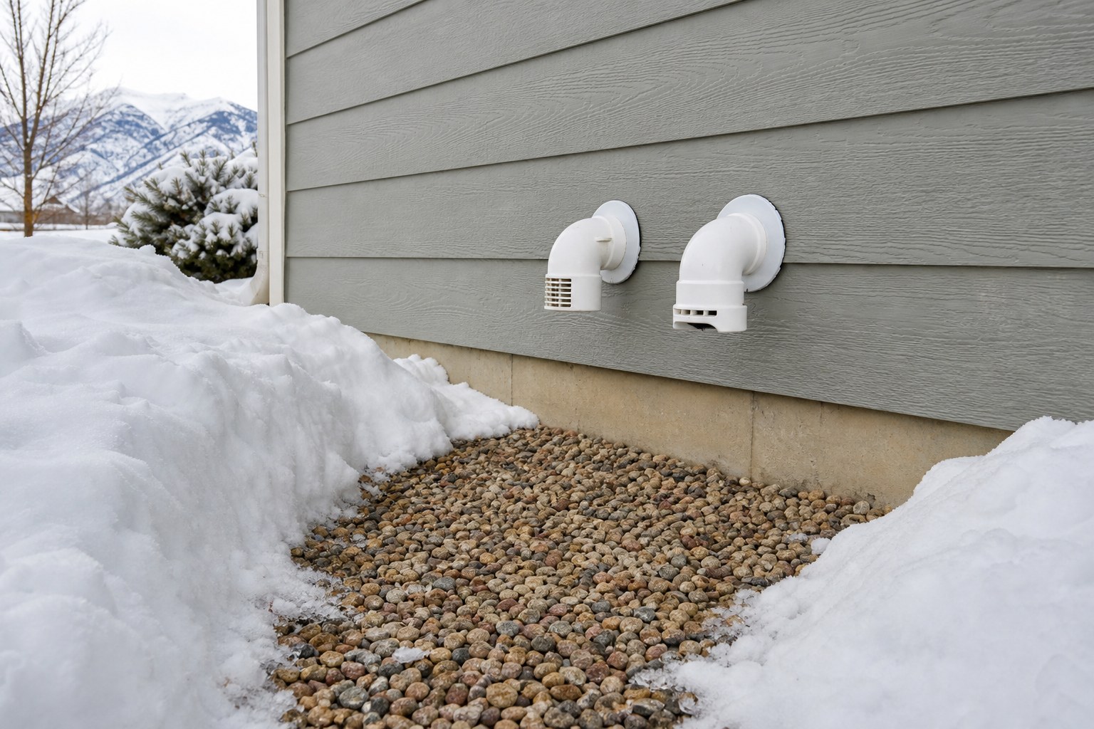 Clear exterior furnace intake and exhaust vents beside a Northern Utah home in winter