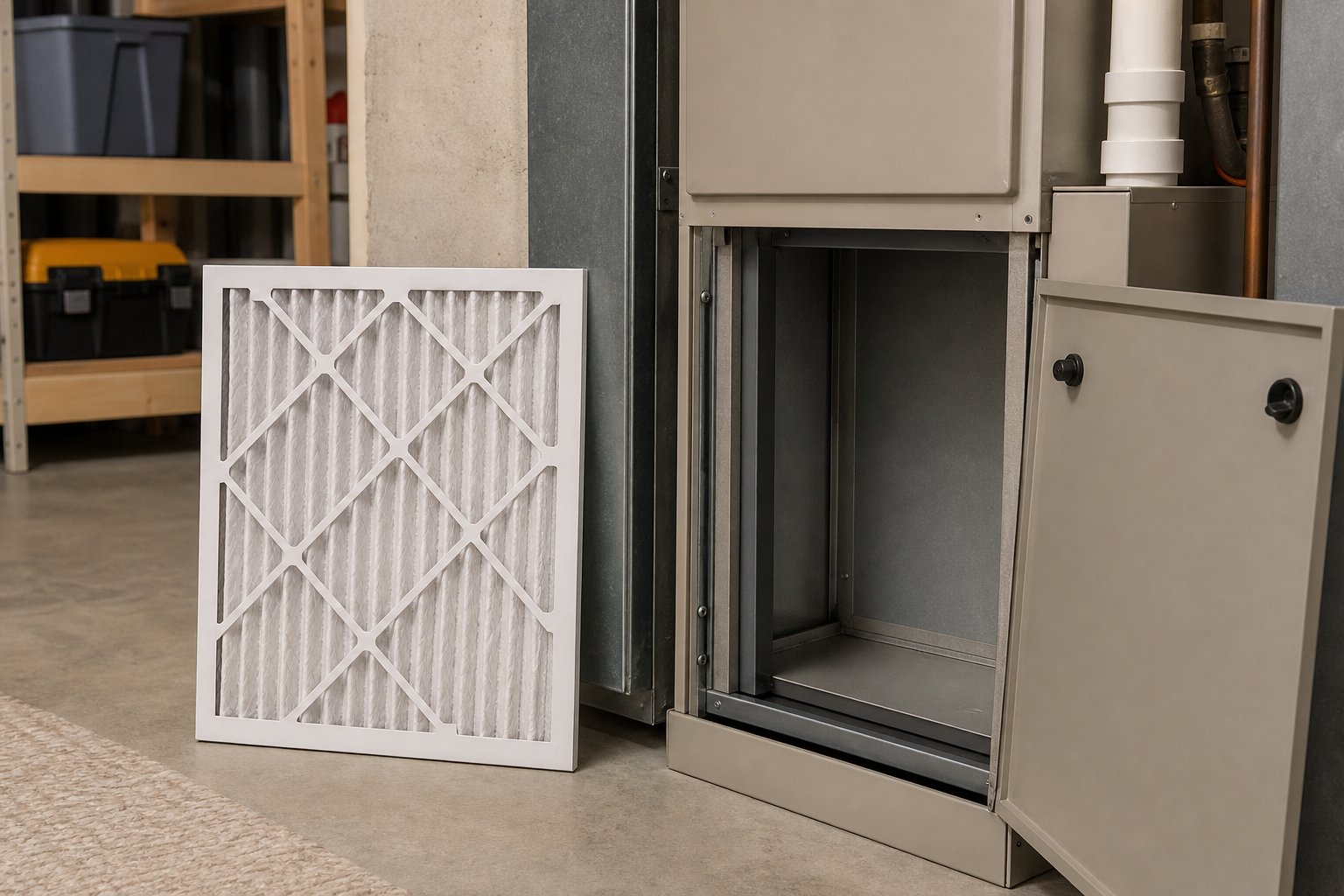 Clean furnace filter beside an accessible filter cabinet