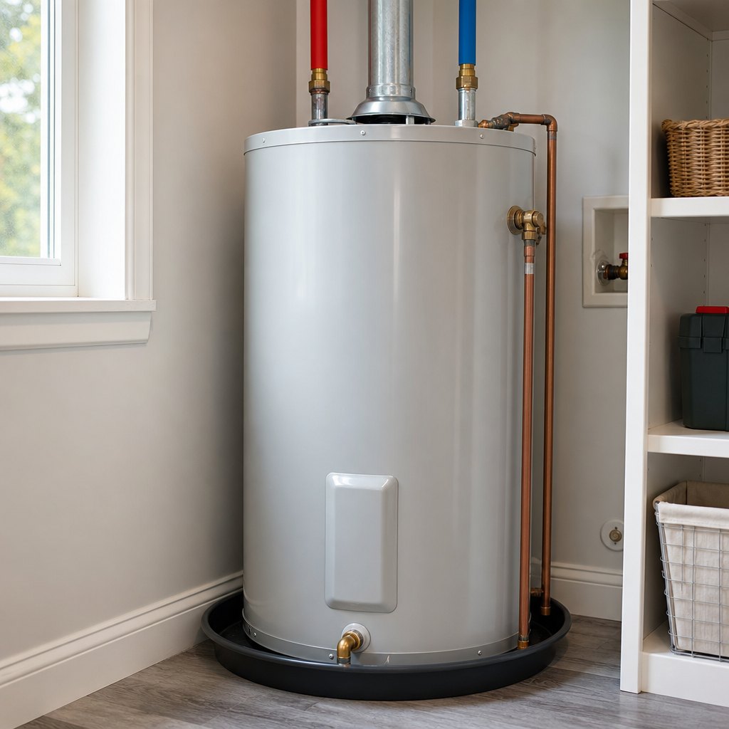 Residential tank water heater in a utility room