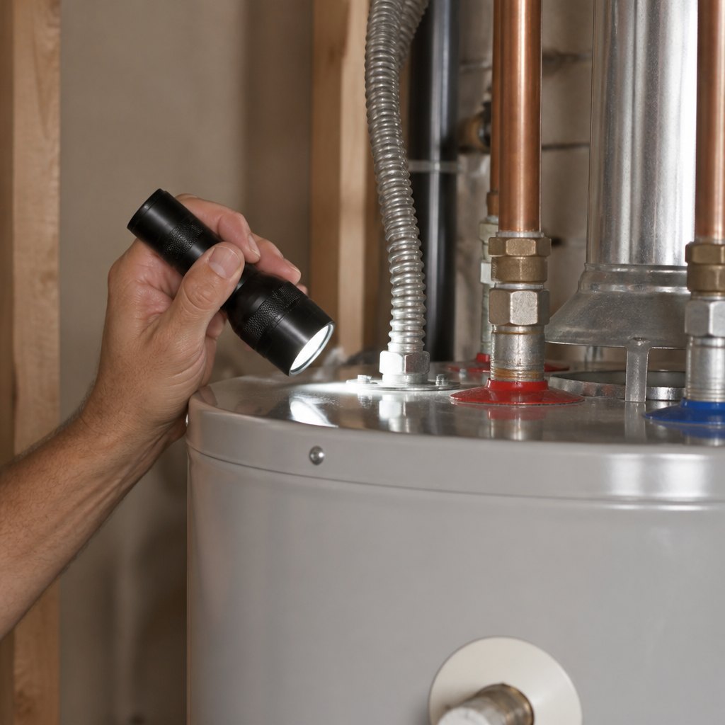 Water heater plumbing connections being inspected with a flashlight