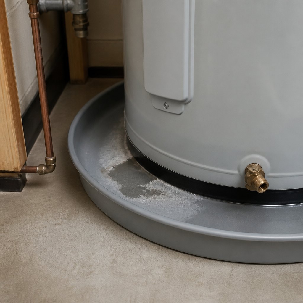 Homeowner checking for water at the base of a water heater