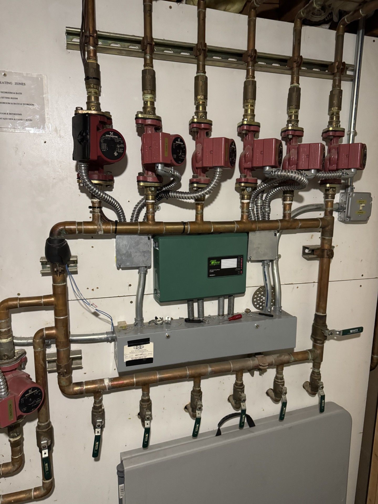 Boiler circulation pumps, copper piping, and heating zone controls