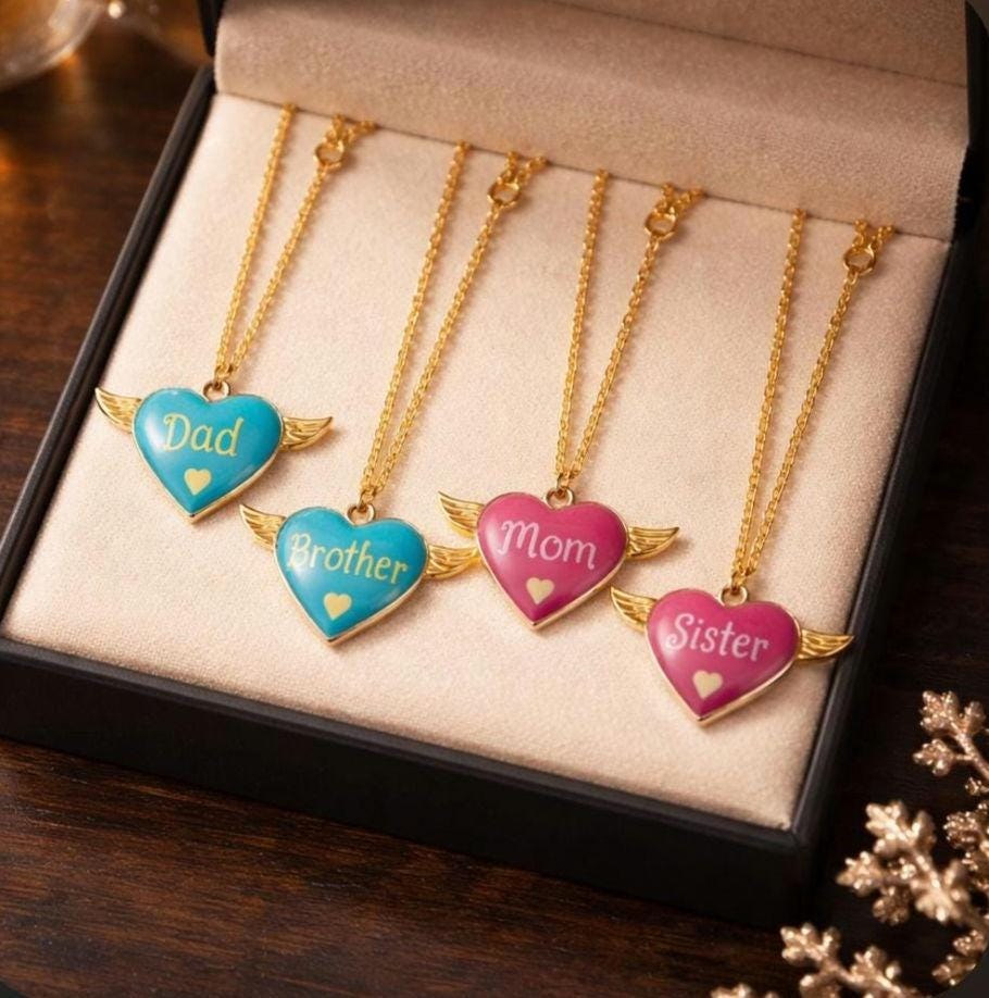 Personalized Angel Wing Heart Necklace | Custom Memorial Pendant for Mom, Dad, Sister, Brother