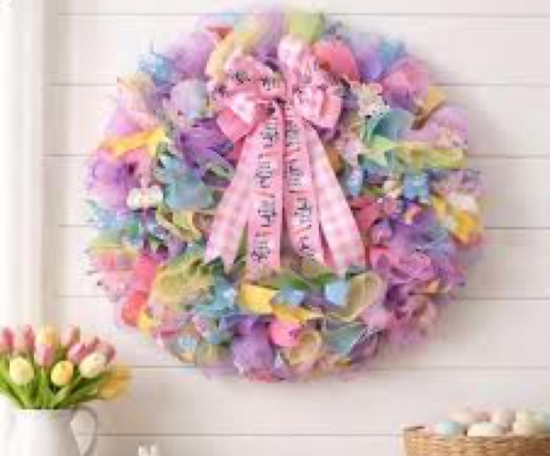 Pastel Easter Mesh Wreath with Bunny Bow | Whimsical Spring Front Door Decor | Colorful Holiday Door Hanger | Easter Gift for Mom