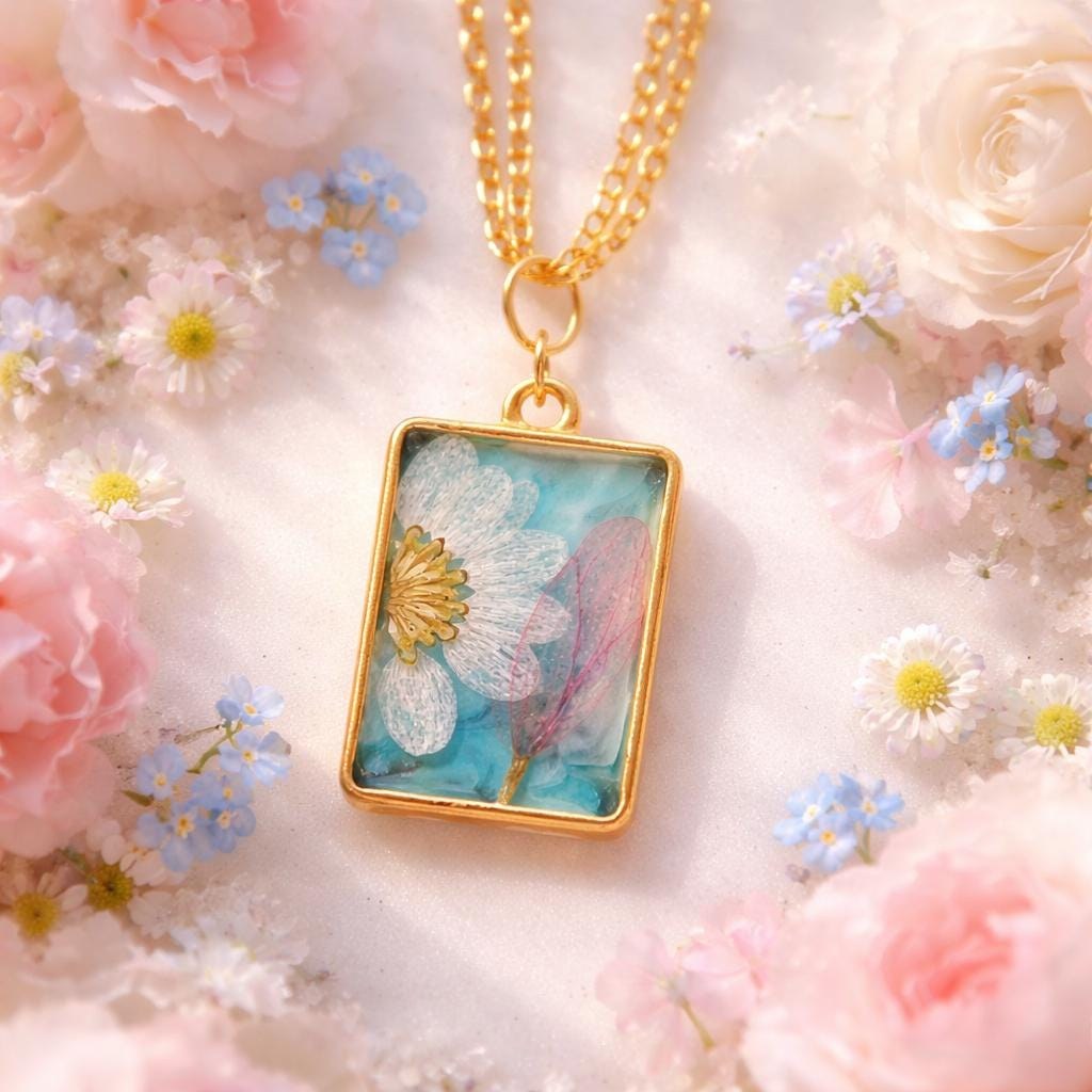Pressed Flower Memorial Necklace | Real Forget Me Not Resin Jewelry (Sympathy Gift)