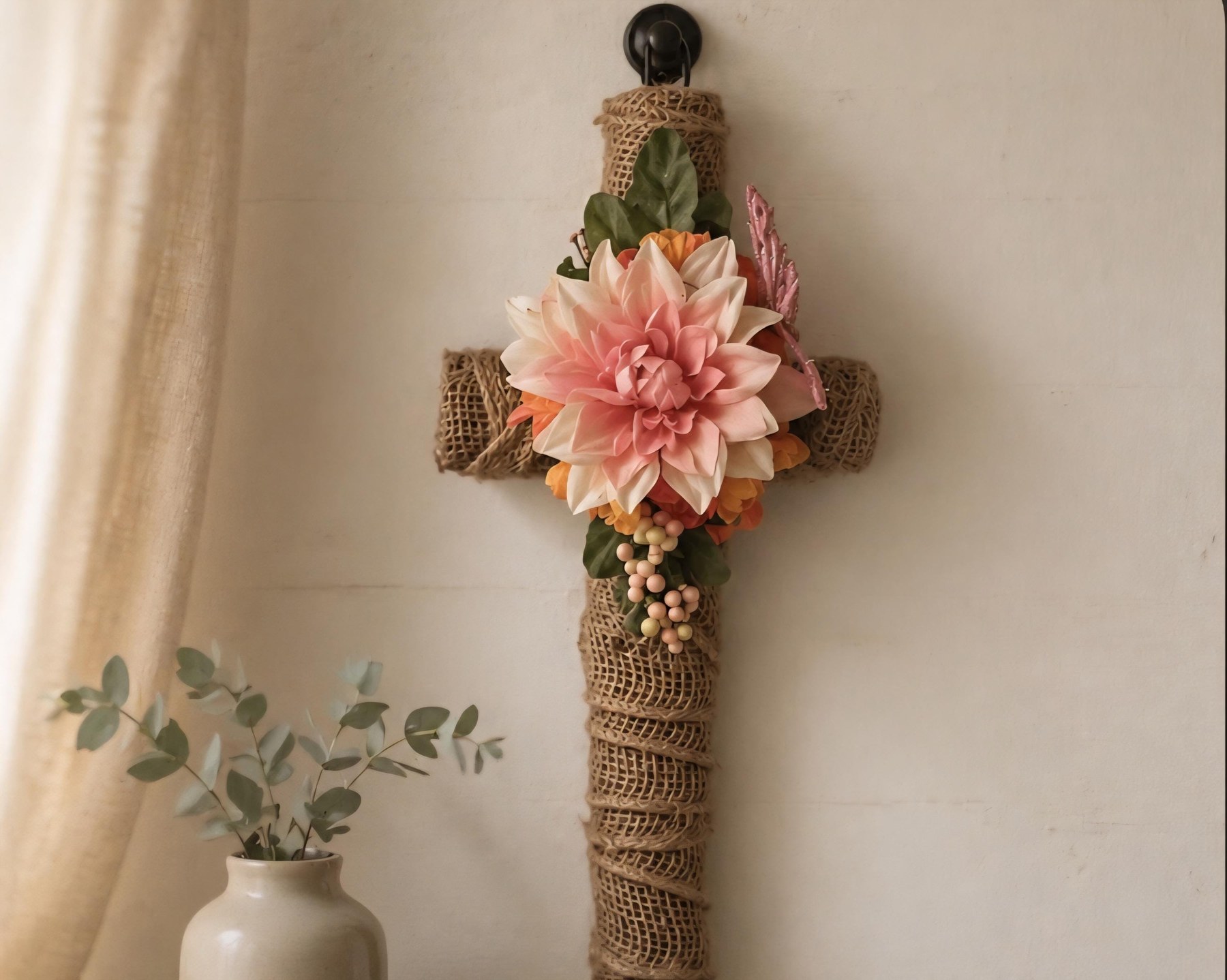 Rustic Burlap Cross Wall Decor with Pink Floral Accents | Farmhouse Christian Home Decor