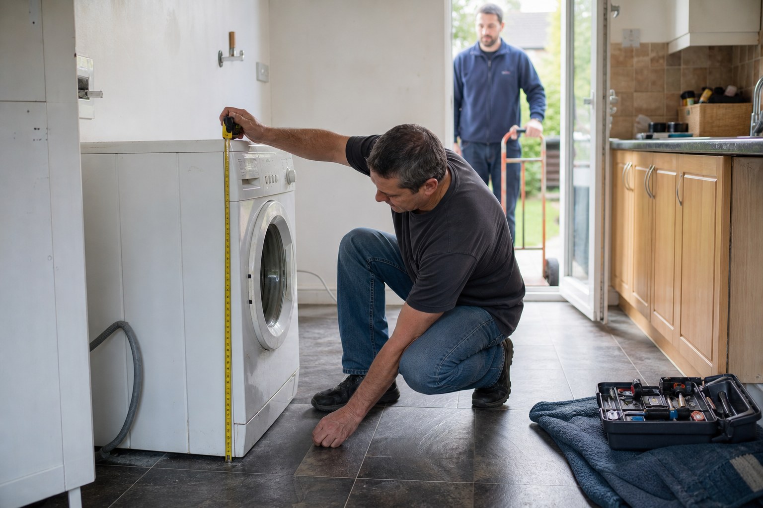 A homeowner measuring a washing machine before removal while a helper waits with a hand truck