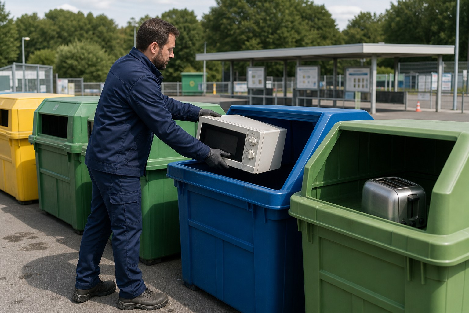 A worker placing an intact microwave into a recycling container at a drop-off site