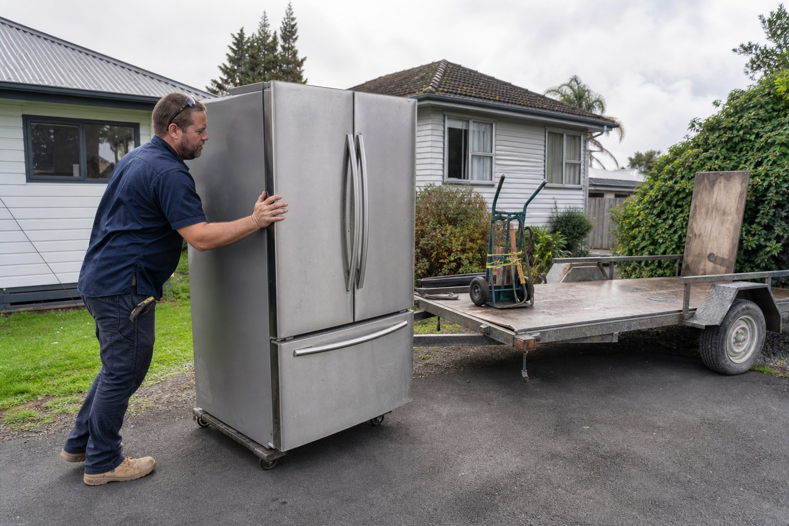 A worker in navy workwear moving a refrigerator toward a utility trailer outside a home