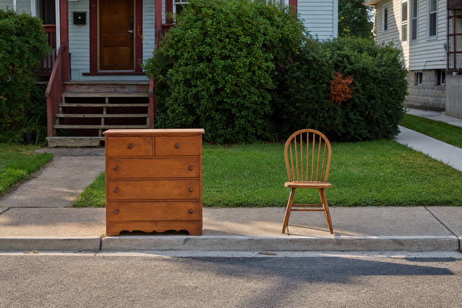 A dresser and chair placed neatly at a curb for collection