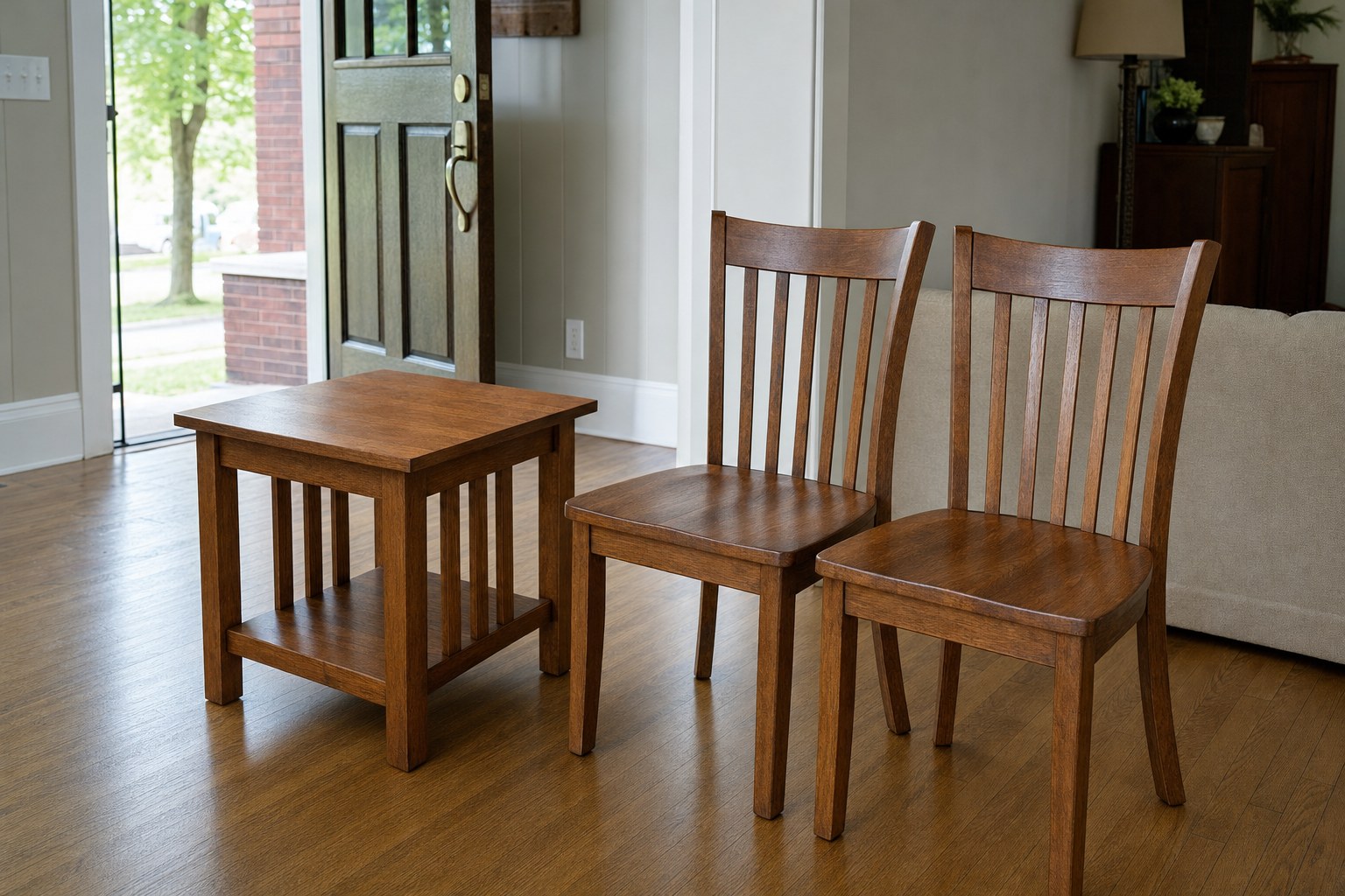 Clean wooden furniture in a bright room ready to be assessed for donation