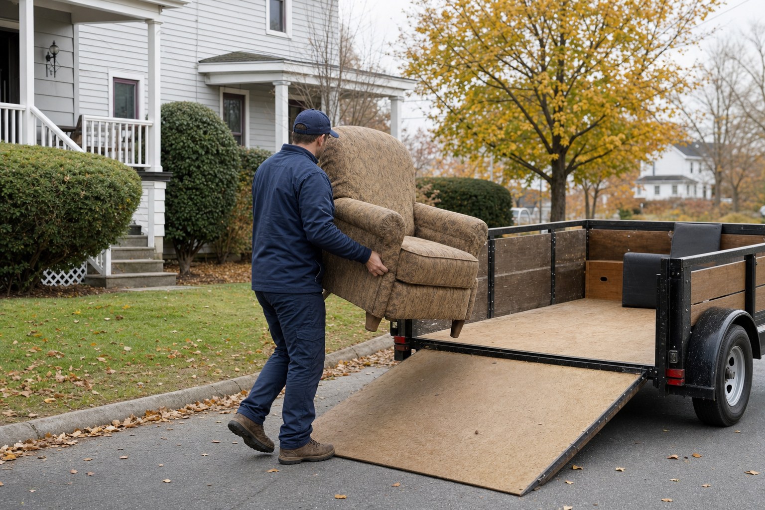 A junk removal worker carrying an armchair toward a trailer outside a home