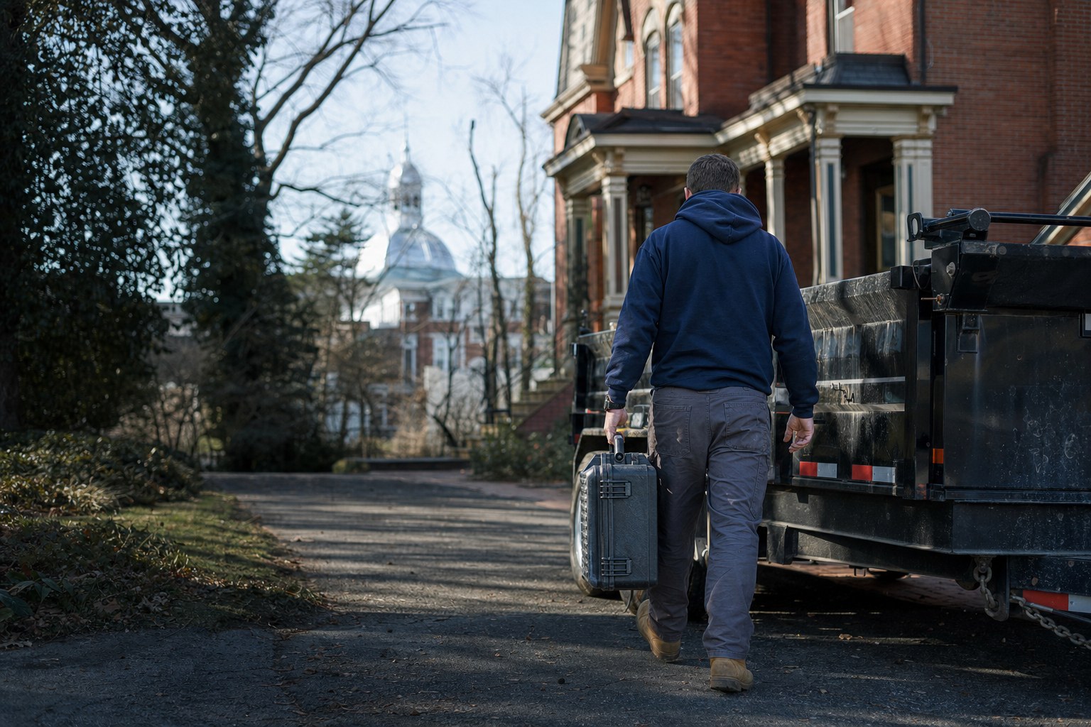 A handyman walking toward a trailer outside an Albany-area home