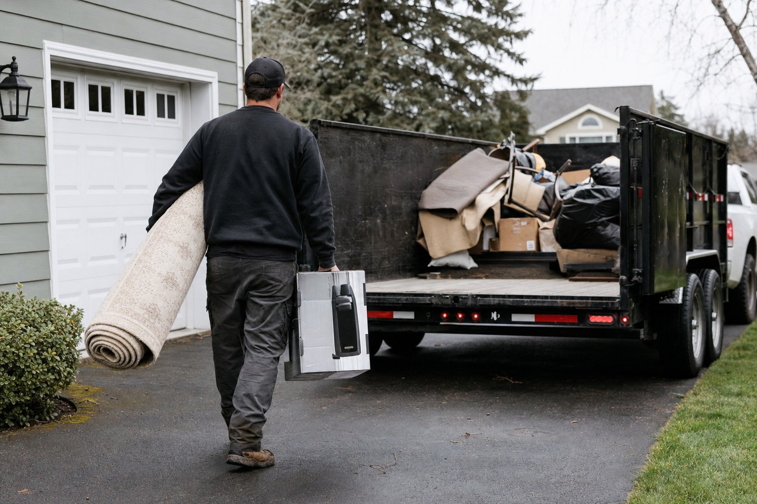 A worker carrying household items toward a trailer during a cleanout