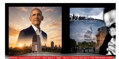 Commemorative visual connecting Juneteenth 2026, the Obama Presidential Center, and the Mountaintop