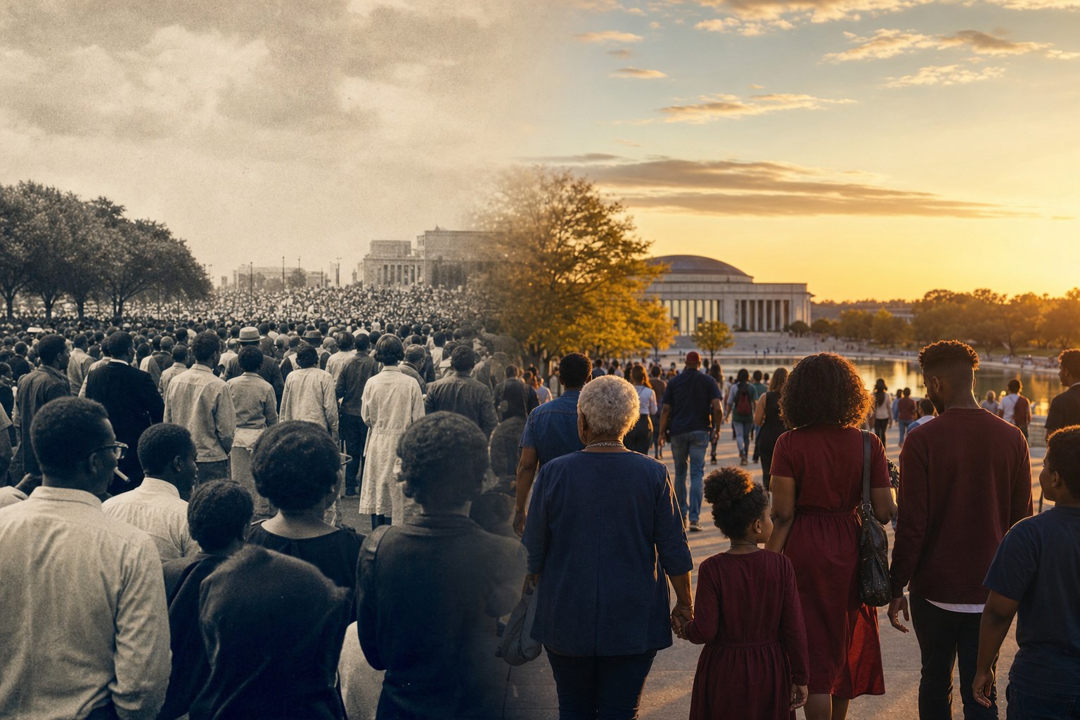 People walking together toward a community gathering