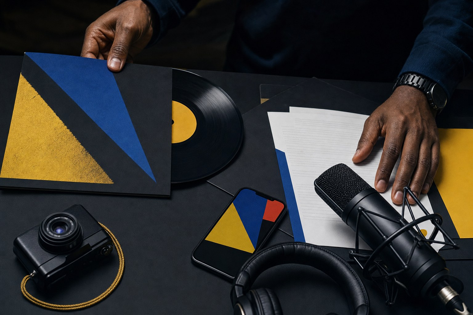 Creative tools and business materials arranged on a dark work table