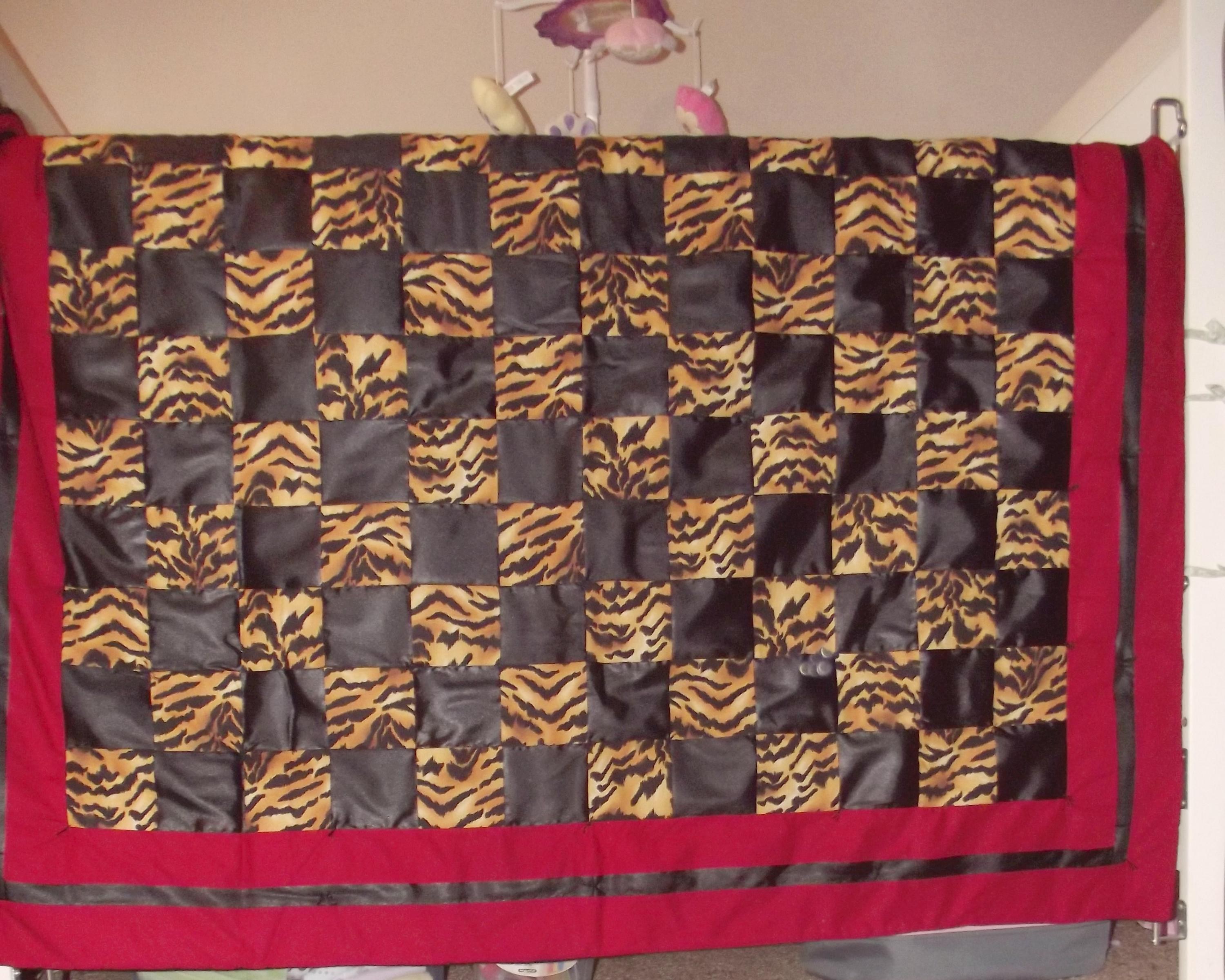 Handmade Tiger Print Baby Quilt, Red Black Safari Nursery Blanket, Toddler Bedding (54x41)