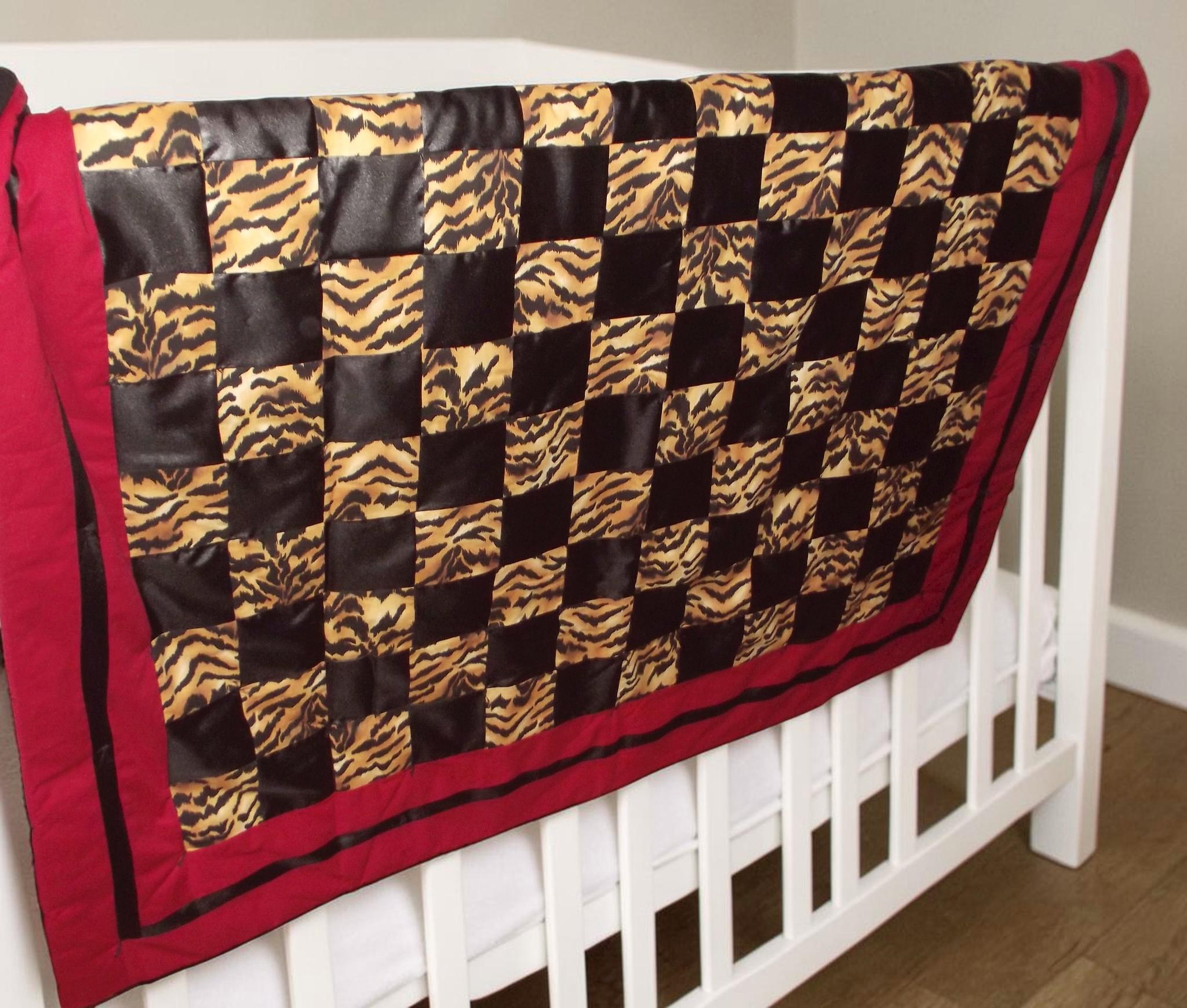 Handmade Tiger Print Baby Quilt, Red Black Safari Nursery Blanket, Toddler Bedding (54x41), view 12