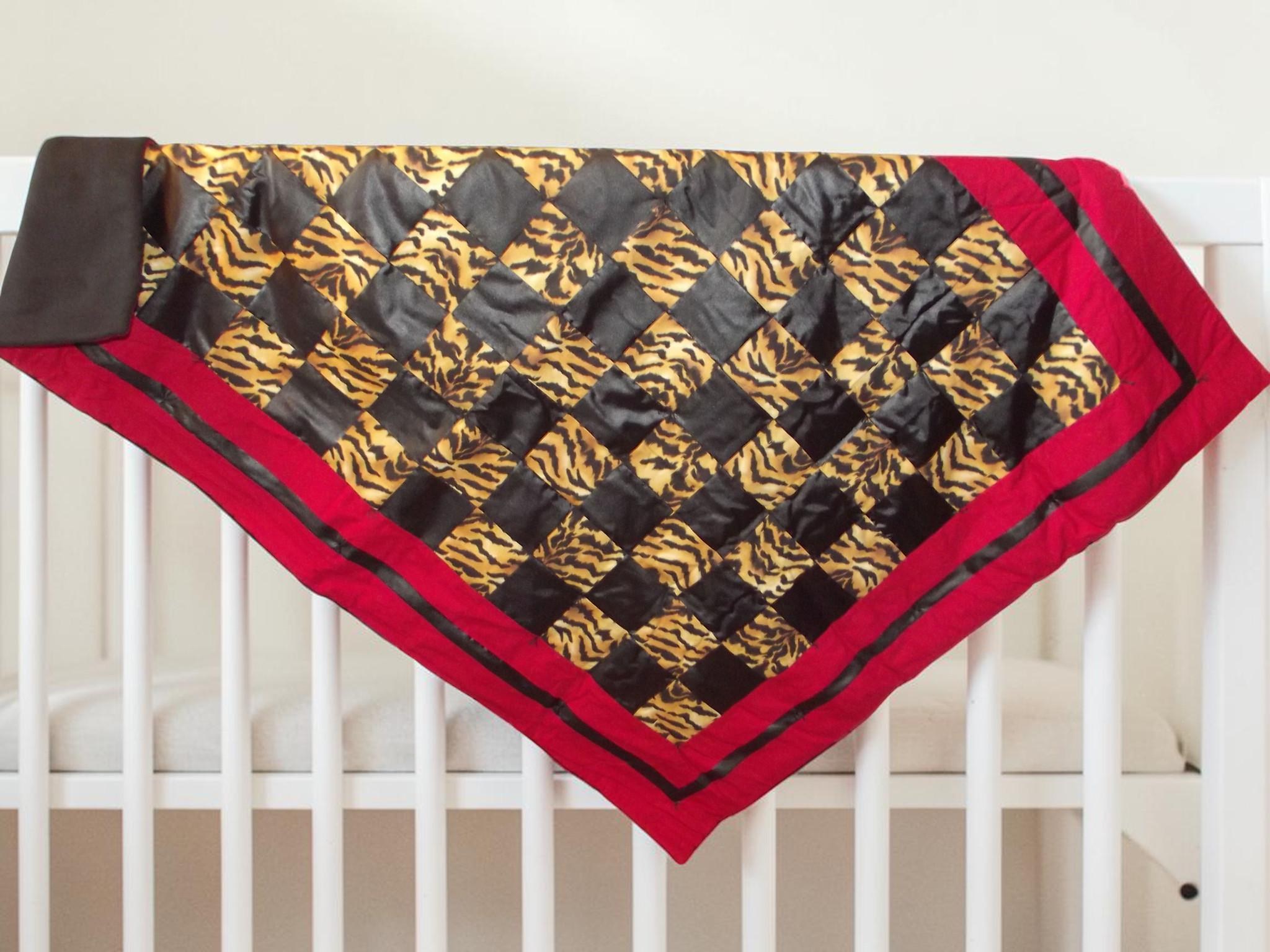 Handmade Tiger Print Baby Quilt, Red Black Safari Nursery Blanket, Toddler Bedding (54x41), view 2