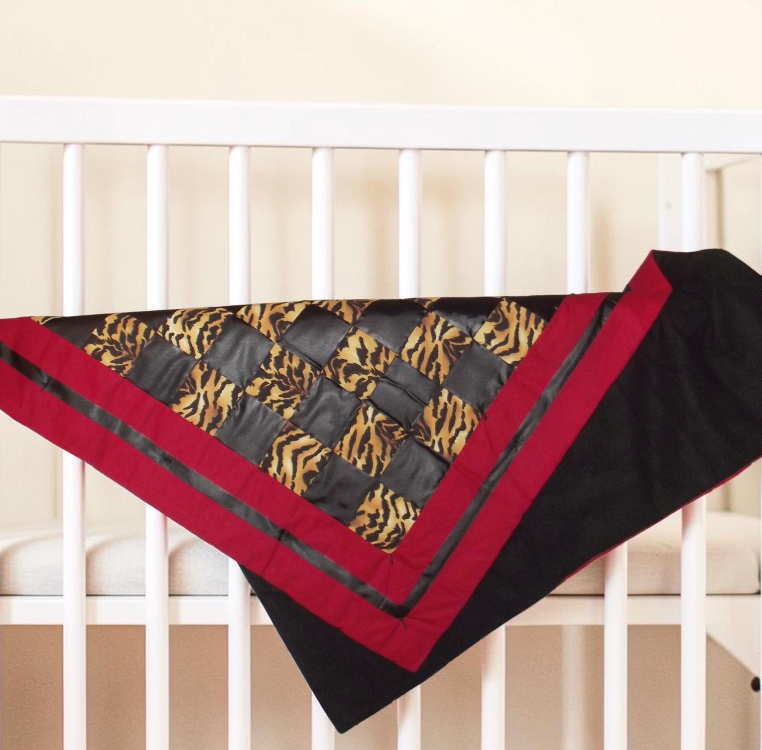 Handmade Tiger Print Baby Quilt, Red Black Safari Nursery Blanket, Toddler Bedding (54x41), view 7