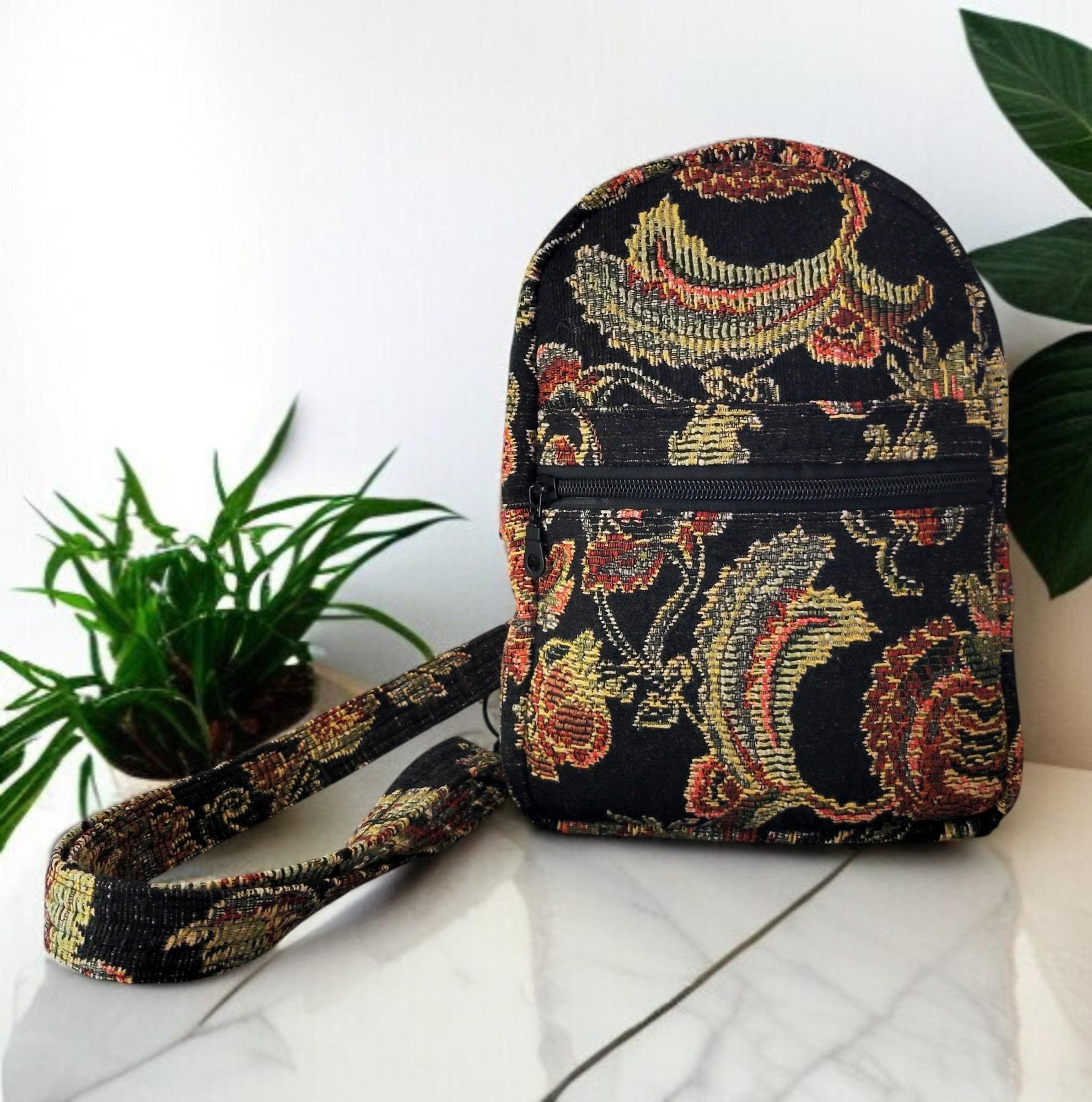 Black Tapestry Sling Bag/Cross Body Bag