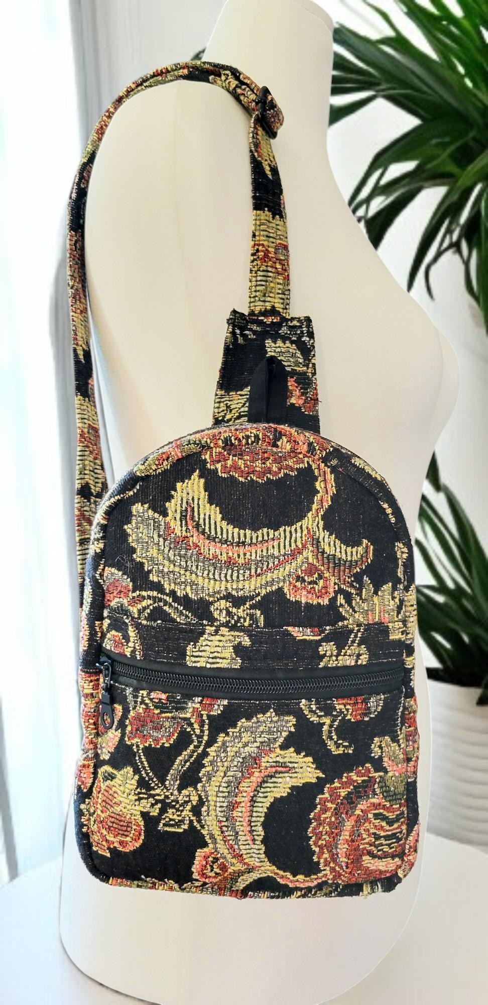 Black Tapestry Sling Bag/Cross Body Bag, view 9