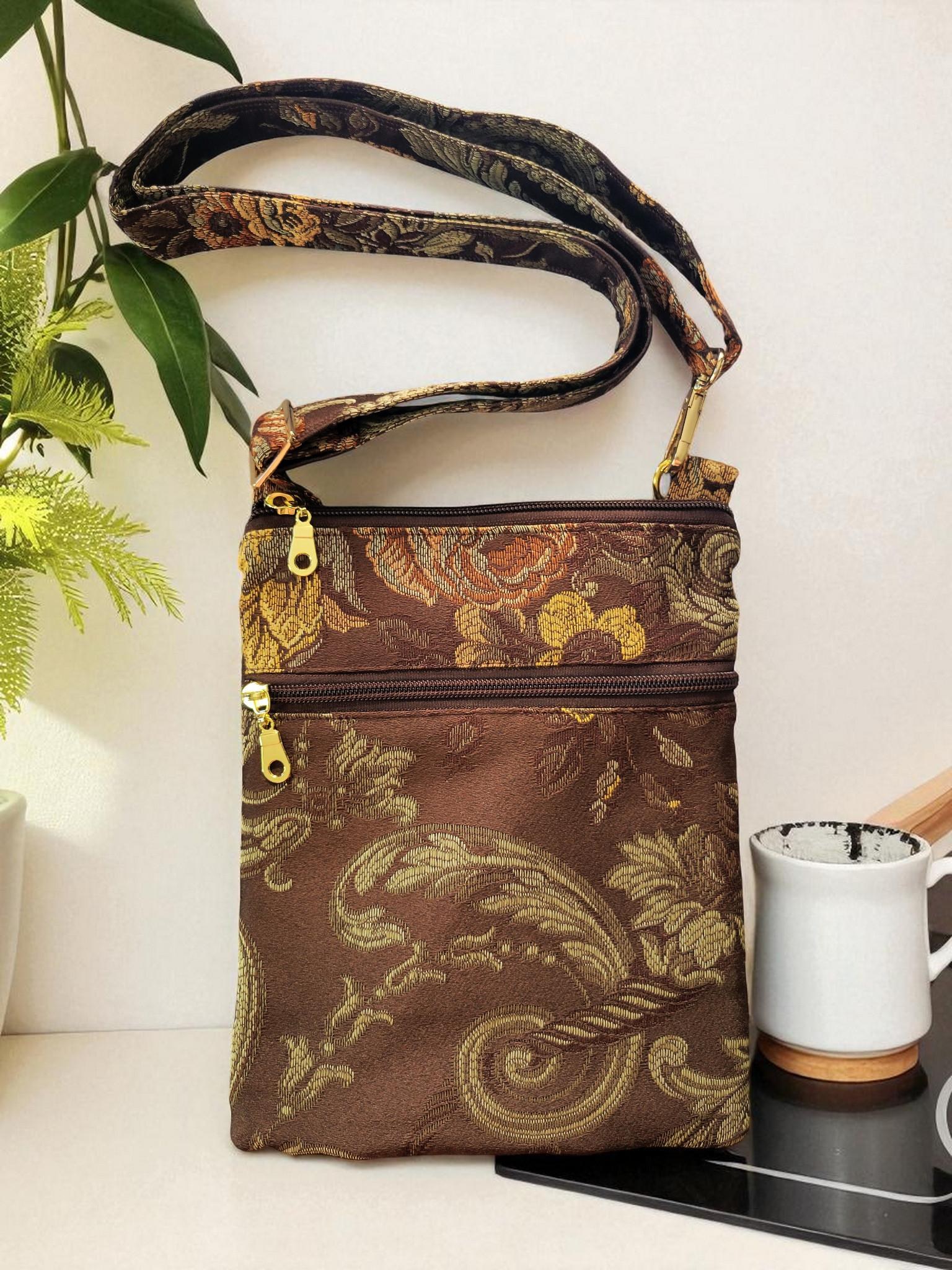 Brown Floral Brocade Crossbody Bag, Vintage Inspired