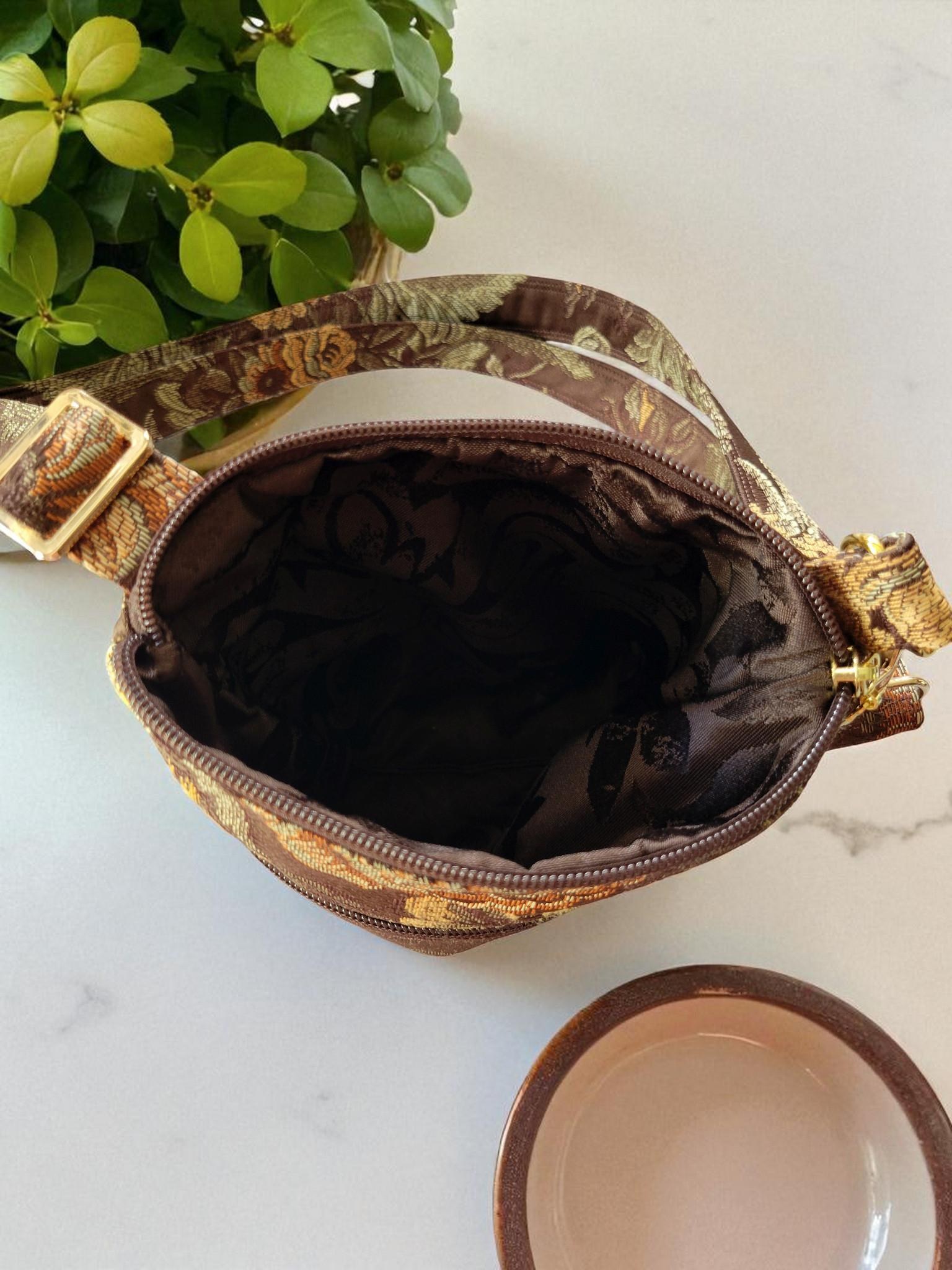 Brown Floral Brocade Crossbody Bag, Vintage Inspired, view 10