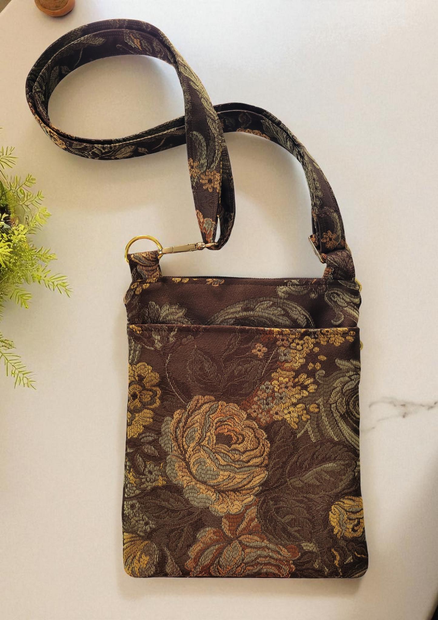 Brown Floral Brocade Crossbody Bag, Vintage Inspired, view 2