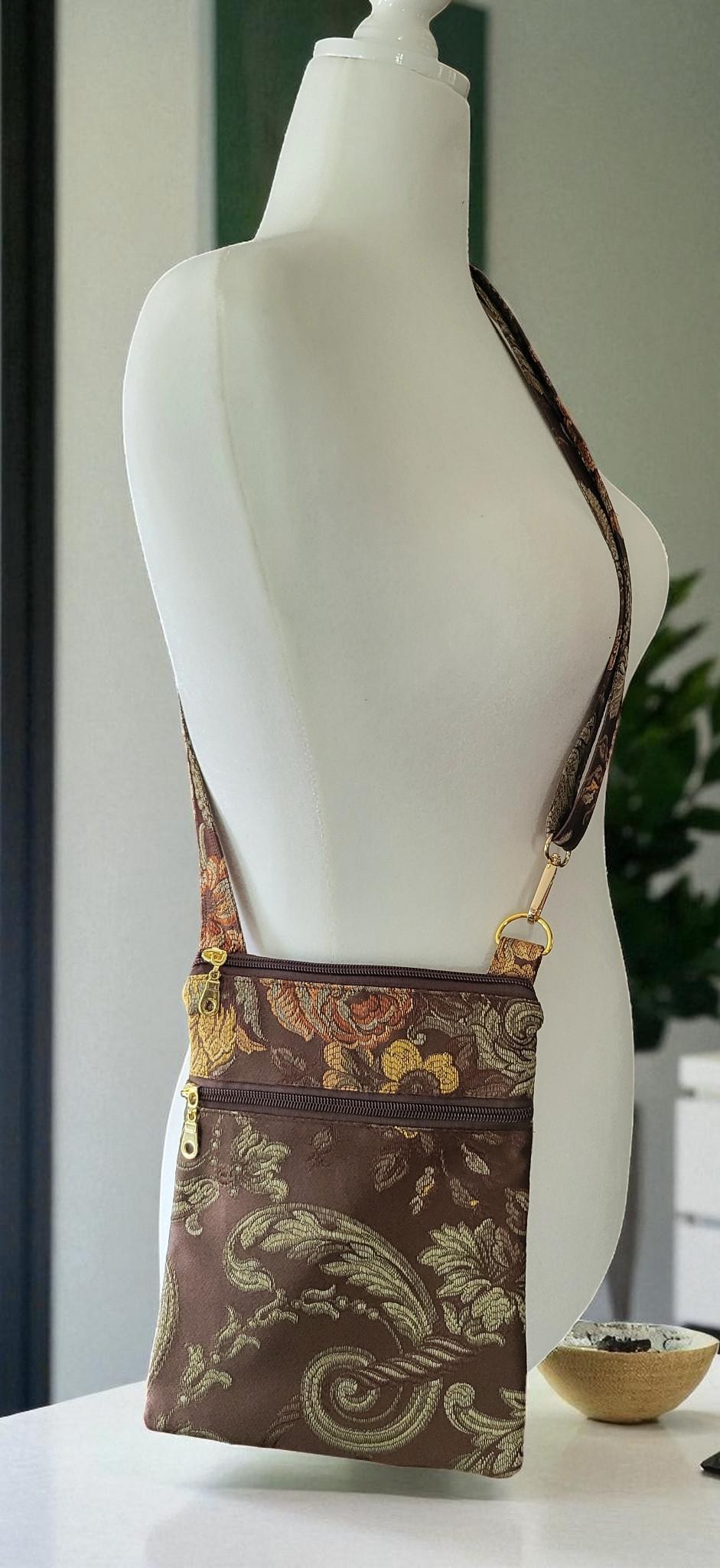 Brown Floral Brocade Crossbody Bag, Vintage Inspired, view 3