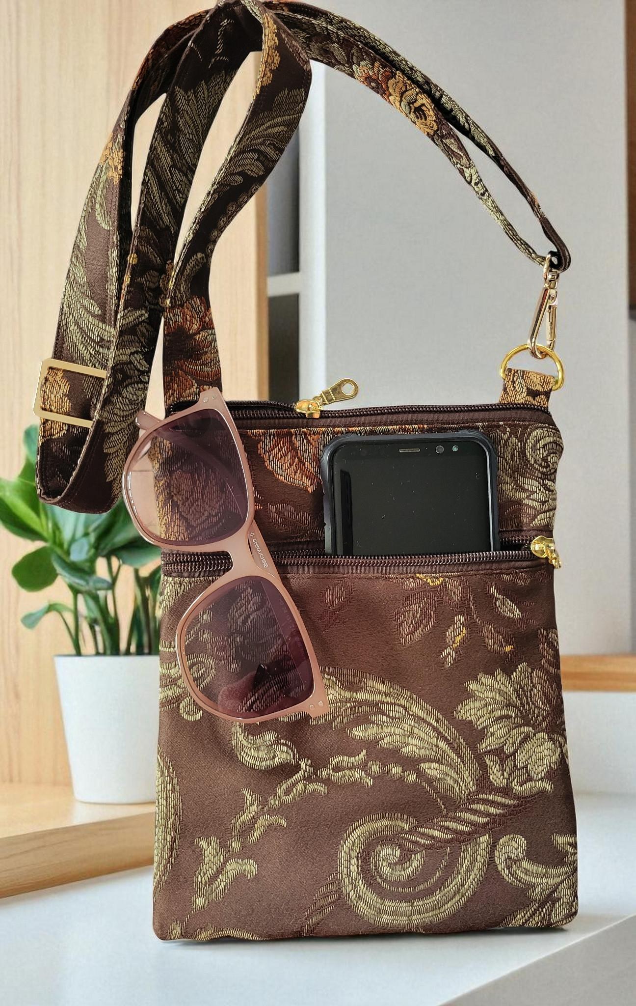 Brown Floral Brocade Crossbody Bag, Vintage Inspired, view 4