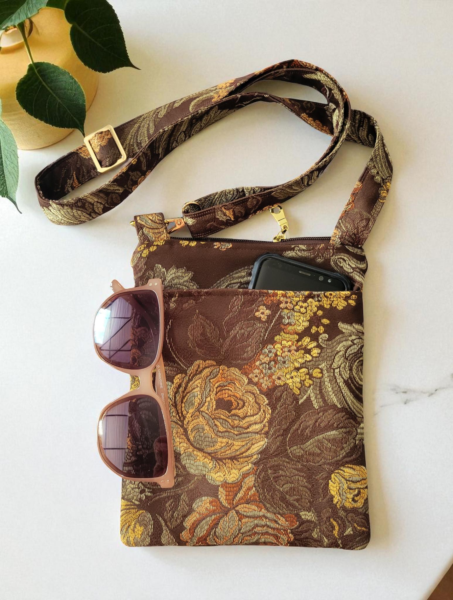 Brown Floral Brocade Crossbody Bag, Vintage Inspired, view 5