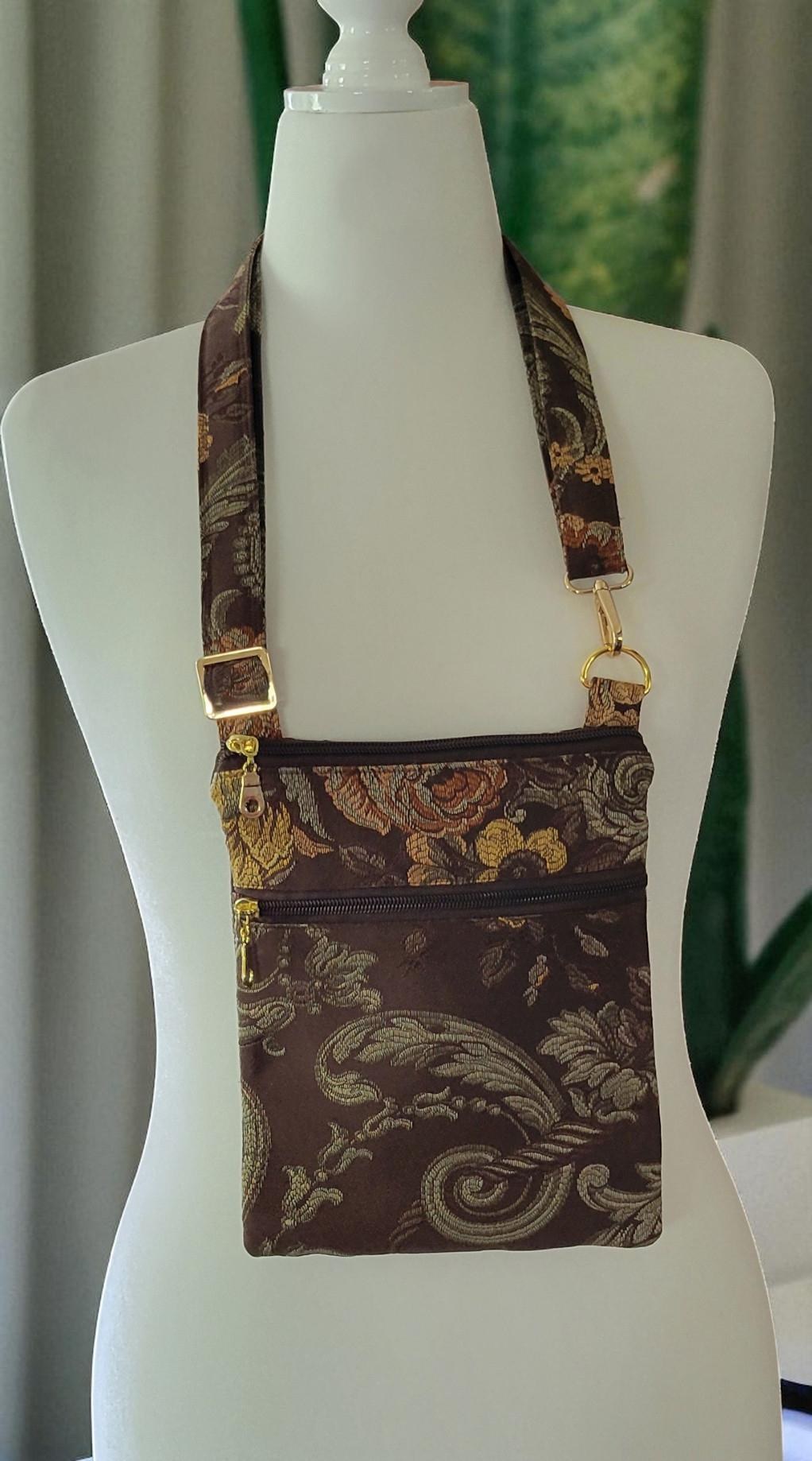 Brown Floral Brocade Crossbody Bag, Vintage Inspired, view 6
