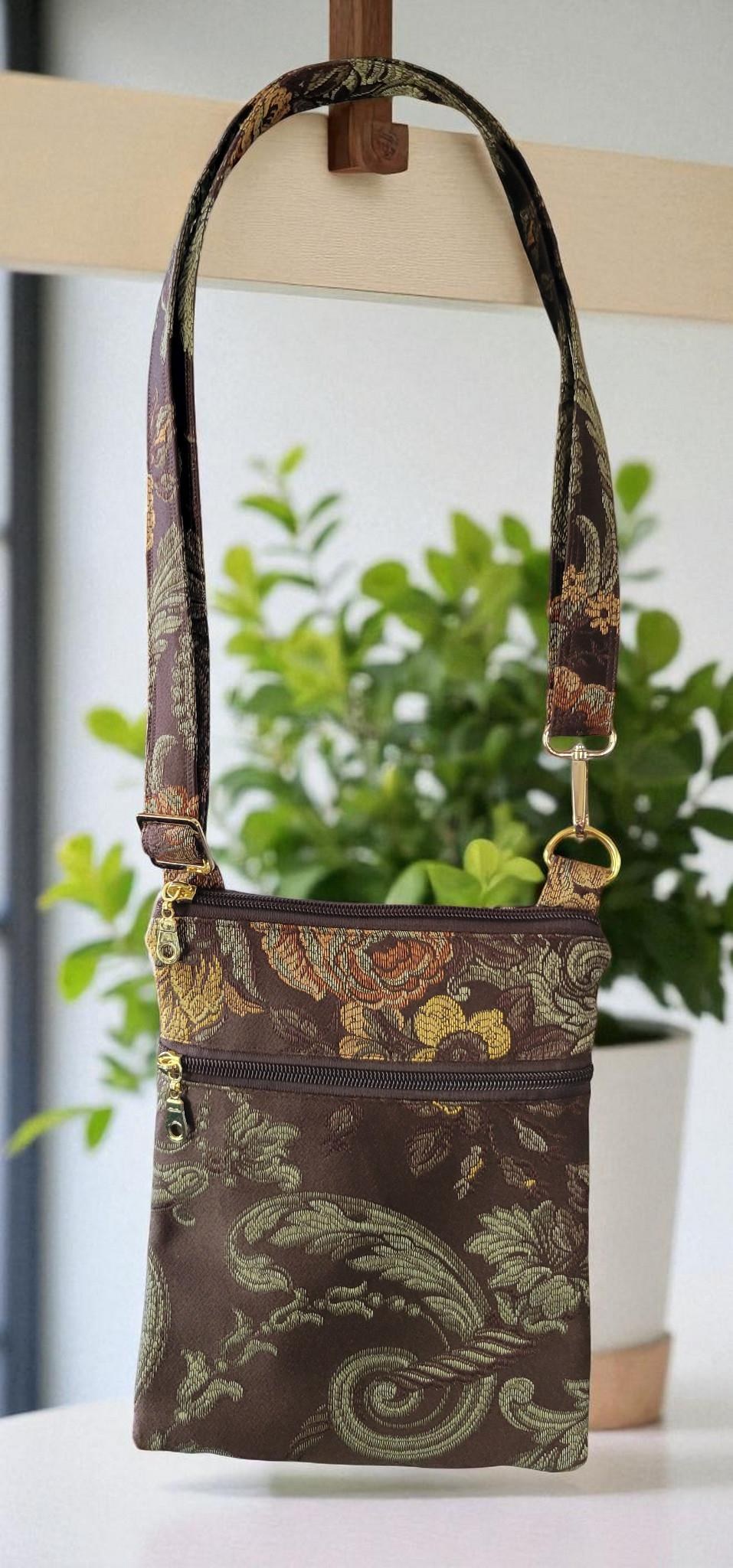 Brown Floral Brocade Crossbody Bag, Vintage Inspired, view 7
