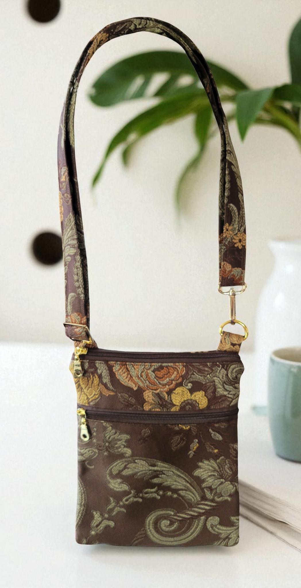 Brown Floral Brocade Crossbody Bag, Vintage Inspired, view 8