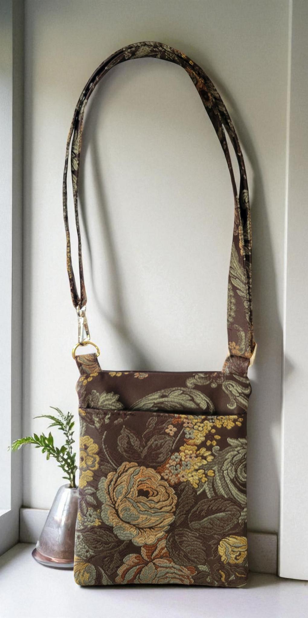 Brown Floral Brocade Crossbody Bag, Vintage Inspired, view 9