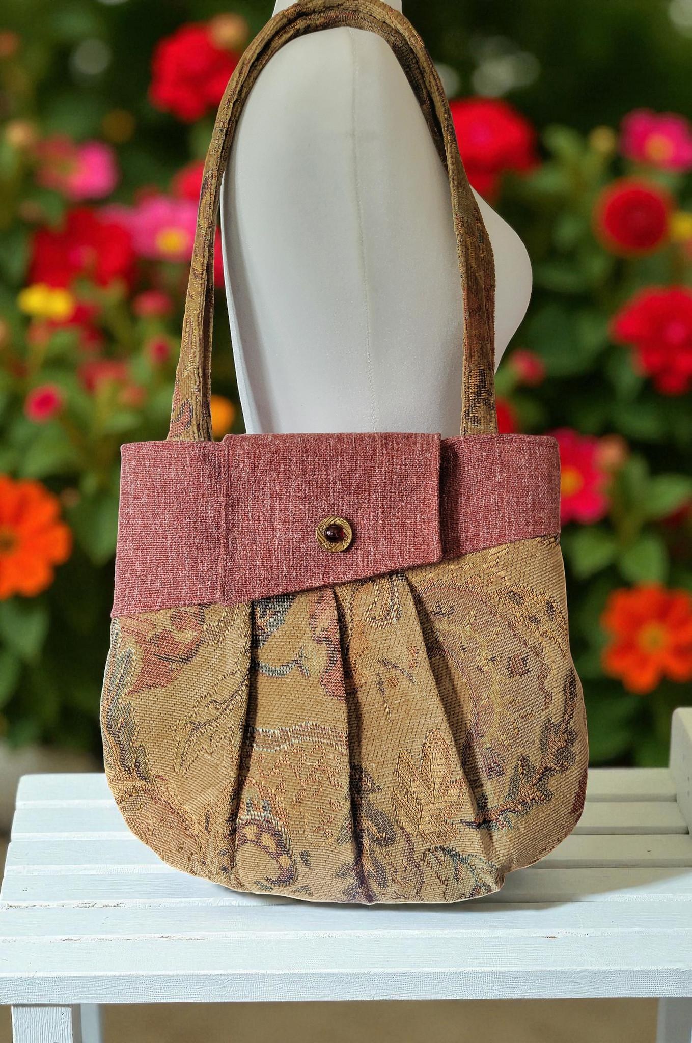 Burgundy and Tan Tapestry Pleated Tote Bag, Boho Floral Shoulder Bag, Vintage Inspired