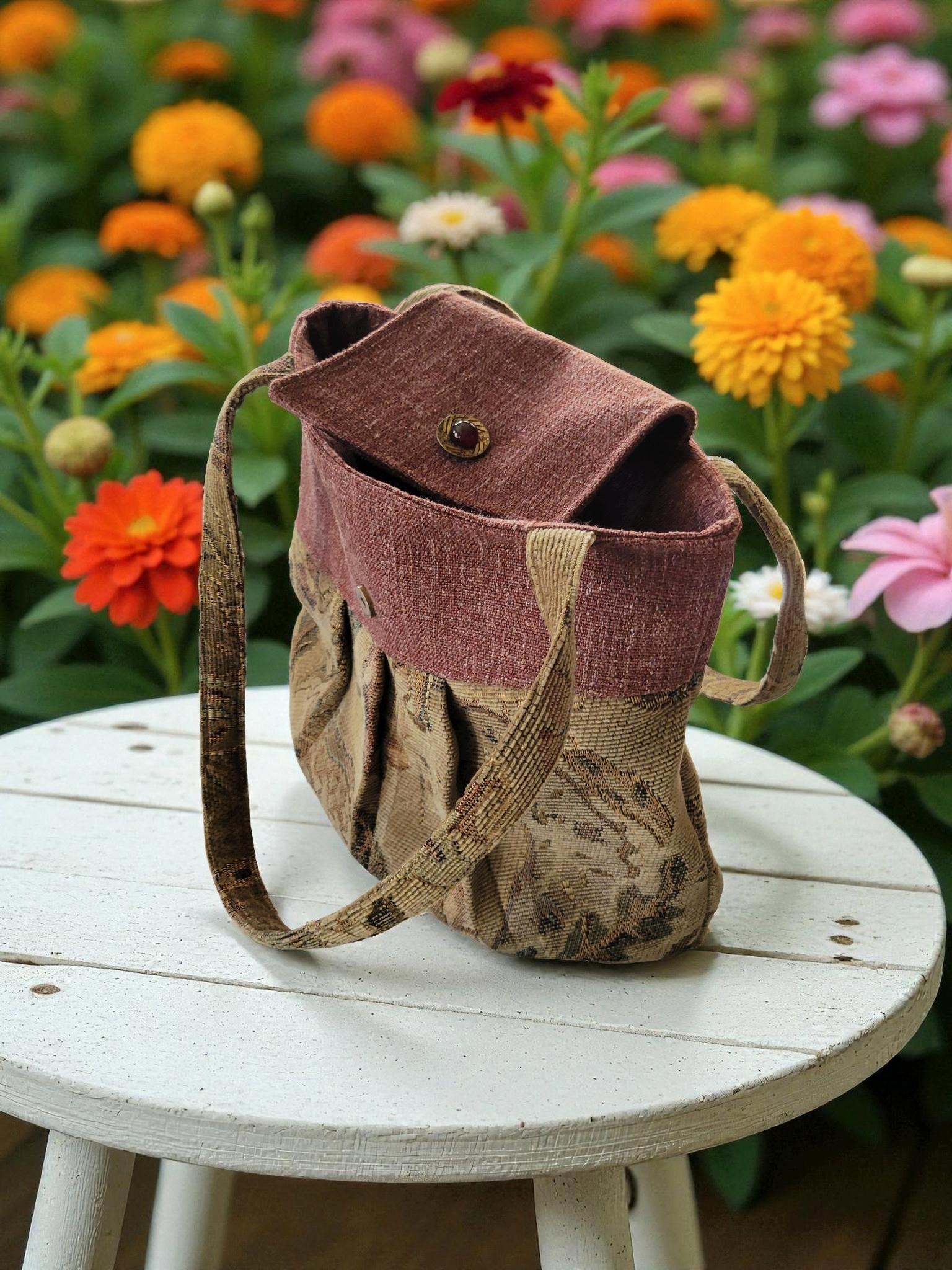 Burgundy and Tan Tapestry Pleated Tote Bag, Boho Floral Shoulder Bag, Vintage Inspired, view 10