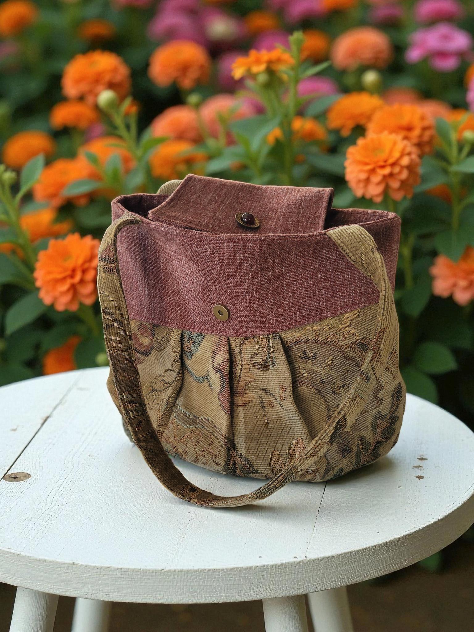 Burgundy and Tan Tapestry Pleated Tote Bag, Boho Floral Shoulder Bag, Vintage Inspired, view 11